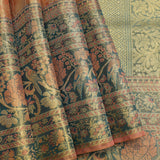 Peach And Teal Blue Gold Zari Meenakari Bird Floral Jaal Pure Silk Kanjivaram Saree With Contrast Peach Border