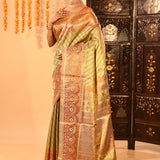 Mint Green With Coral Orange Border On Kanjivaram Tissue Silk Saree