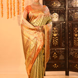 Mint Green With Coral Orange Border On Kanjivaram Tissue Silk Saree