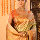 Mint Green With Coral Orange Border On Kanjivaram Tissue Silk Saree