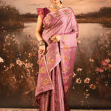 Vintage Lilac With Checks And Meenakari Border Embroidery Designer Saree