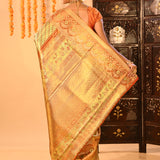 Mint Green With Coral Orange Border On Kanjivaram Tissue Silk Saree