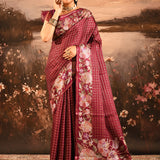 Wine Maroon Checkered With Multicolor Floral Motif Border Designer Saree