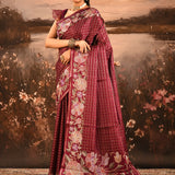 Wine Maroon Checkered With Multicolor Floral Motif Border Designer Saree