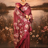 Wine Maroon Checkered With Multicolor Floral Motif Border Designer Saree