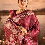 Wine Maroon Checkered With Multicolor Floral Motif Border Designer Saree