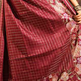Wine Maroon Checkered With Multicolor Floral Motif Border Designer Saree