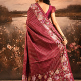 Wine Maroon Checkered With Multicolor Floral Motif Border Designer Saree