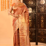Resplendent Peach Orange Kanjivaram Tissue Silk Saree With Ornate Floral Jaal