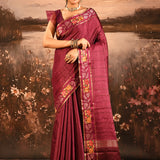 Wine Maroon Dotted Weave With Rose And Leaf Motif Border Designer Saree