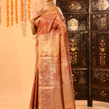 Resplendent Peach Orange Kanjivaram Tissue Silk Saree With Ornate Floral Jaal