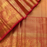 Gold And Red Dual Tone Zari Peacock Checks Pure Silk Kanjivaram Saree With Contrast Red Heavy Woven Border