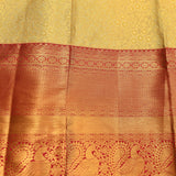 Gold And Red Dual Tone Zari Peacock Checks Pure Silk Kanjivaram Saree With Contrast Red Heavy Woven Border