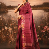 Wine Maroon Dotted Weave With Rose And Leaf Motif Border Designer Saree