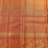 Gold And Red Dual Tone Zari Peacock Checks Pure Silk Kanjivaram Saree With Contrast Red Heavy Woven Border
