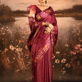 Wine Maroon Dotted Weave With Rose And Leaf Motif Border Designer Saree