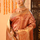 Resplendent Peach Orange Kanjivaram Tissue Silk Saree With Ornate Floral Jaal