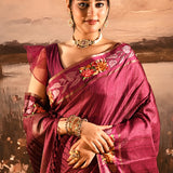 Wine Maroon Dotted Weave With Rose And Leaf Motif Border Designer Saree
