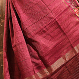 Wine Maroon Dotted Weave With Rose And Leaf Motif Border Designer Saree