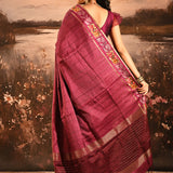 Wine Maroon Dotted Weave With Rose And Leaf Motif Border Designer Saree
