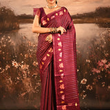 Maroon With Stripes Pattern And Embroidered Floral Border Designer Saree