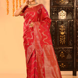 Crimson Red With Waving Floral Motifs On Kanjivaram Silk Saree