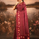 Maroon With Stripes Pattern And Embroidered Floral Border Designer Saree