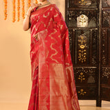 Crimson Red With Waving Floral Motifs On Kanjivaram Silk Saree