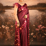 Maroon With Stripes Pattern And Embroidered Floral Border Designer Saree