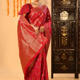 Crimson Red With Waving Floral Motifs On Kanjivaram Silk Saree