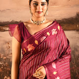 Maroon With Stripes Pattern And Embroidered Floral Border Designer Saree