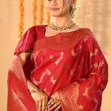 Crimson Red With Waving Floral Motifs On Kanjivaram Silk Saree