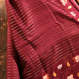 Maroon With Stripes Pattern And Embroidered Floral Border Designer Saree