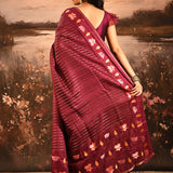 Maroon With Stripes Pattern And Embroidered Floral Border Designer Saree