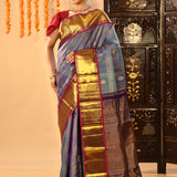 Steel Blue With Purple Contrast Border And Gold Zari Buttis On Kanjivaram Silk Saree