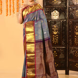 Steel Blue With Purple Contrast Border And Gold Zari Buttis On Kanjivaram Silk Saree