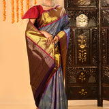 Steel Blue With Purple Contrast Border And Gold Zari Buttis On Kanjivaram Silk Saree