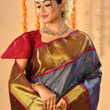 Steel Blue With Purple Contrast Border And Gold Zari Buttis On Kanjivaram Silk Saree