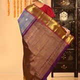 Steel Blue With Purple Contrast Border And Gold Zari Buttis On Kanjivaram Silk Saree