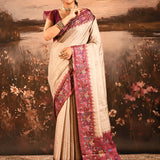 Beige With Fine Stripes And Maroon Embroidered Pallu Designer Saree