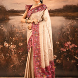 Beige With Fine Stripes And Maroon Embroidered Pallu Designer Saree