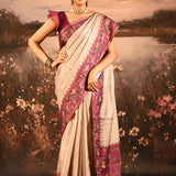 Beige With Fine Stripes And Maroon Embroidered Pallu Designer Saree