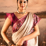 Beige With Fine Stripes And Maroon Embroidered Pallu Designer Saree