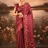 Maroon With Checks And Floral, Birds Motif Border Designer Saree