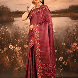 Maroon With Checks And Floral, Birds Motif Border Designer Saree
