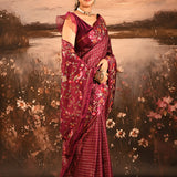 Maroon With Checks And Floral, Birds Motif Border Designer Saree