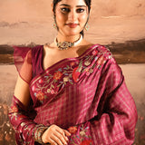 Maroon With Checks And Floral, Birds Motif Border Designer Saree