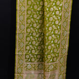 Parrot Green Kanjivaram Silk Saree With Sunflower Vine Weave And Beige Contrast Border