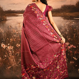 Maroon With Checks And Floral, Birds Motif Border Designer Saree