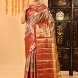 Elegant Metallic Red And Gold Kanjivaram Silk Saree With Woven Borders
